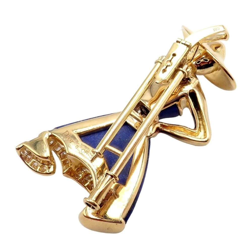 Authentic! Christian Dior 18k Yellow Gold Diamond Lapis Lady Dior Brooch Pendant - Picture 7 of 12
